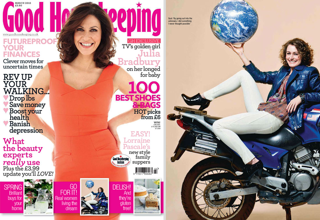 Good Housekeeping magazine with a photo of interior designer Suzi Searle on her motorbike holding a globe