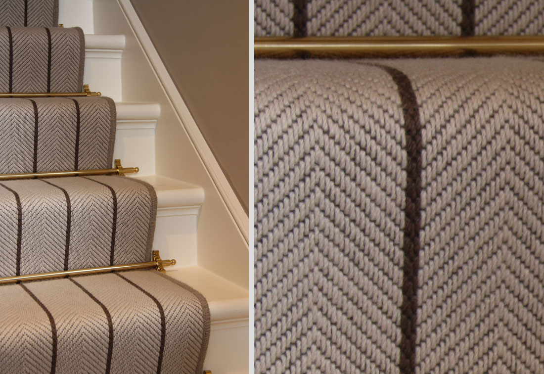 Close up of the luxury stair runner in brown herringbone, part of a project by West London interior designer Suzi Searle