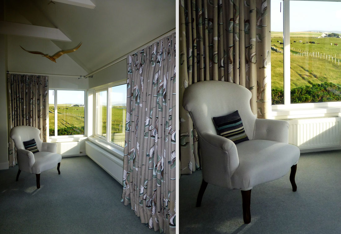Details from a bedroom in a house in Orkney by interior designer Suzi Searle with a grey palette overlooking the green fields below