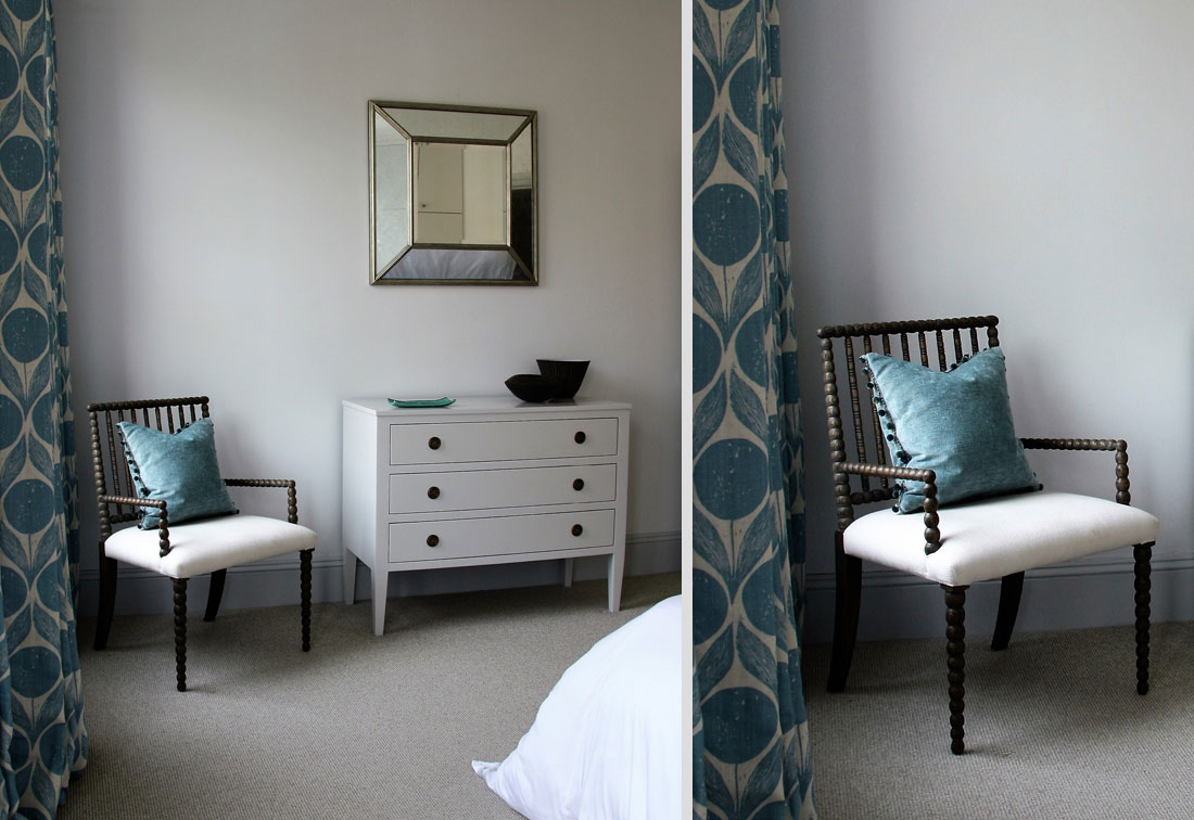 West Putney minimal bedroom in blue and off-white by Suzi Searle Interiors