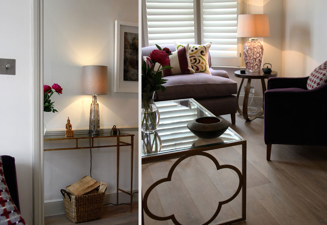West Putney living room with glass lamps - interior decoration by Suzi Searle Interiors