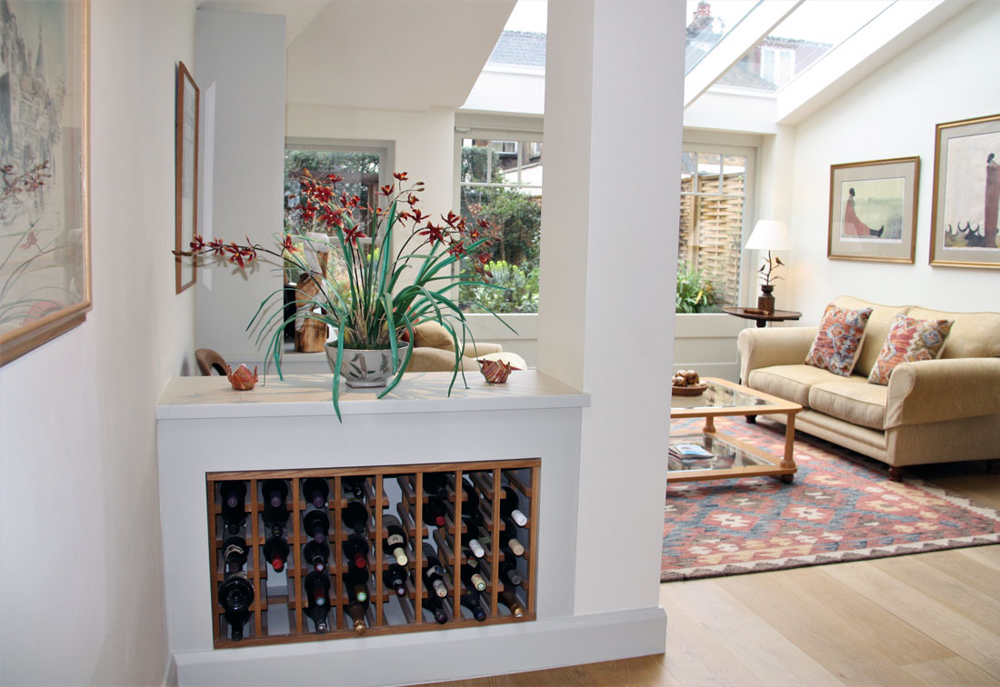View into the living room of large family home in Fulham, West London with interior design by Suzi Searle