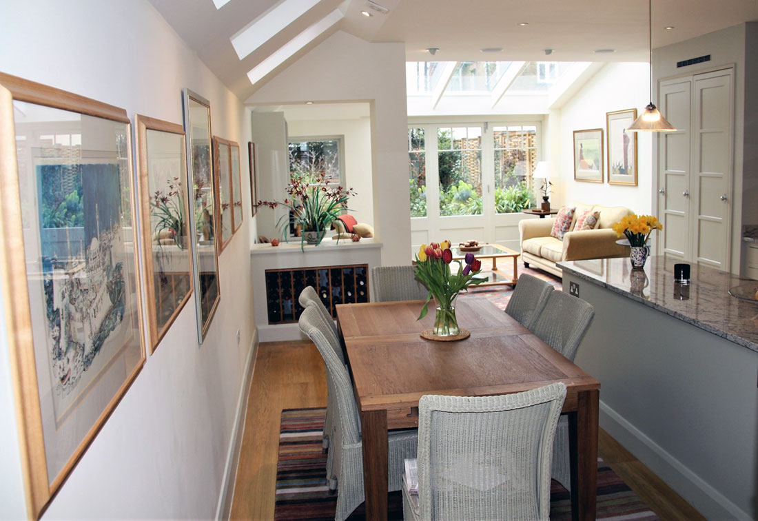View from the dining room in family home in Fulham, designed by interior decorator Suzi Searle