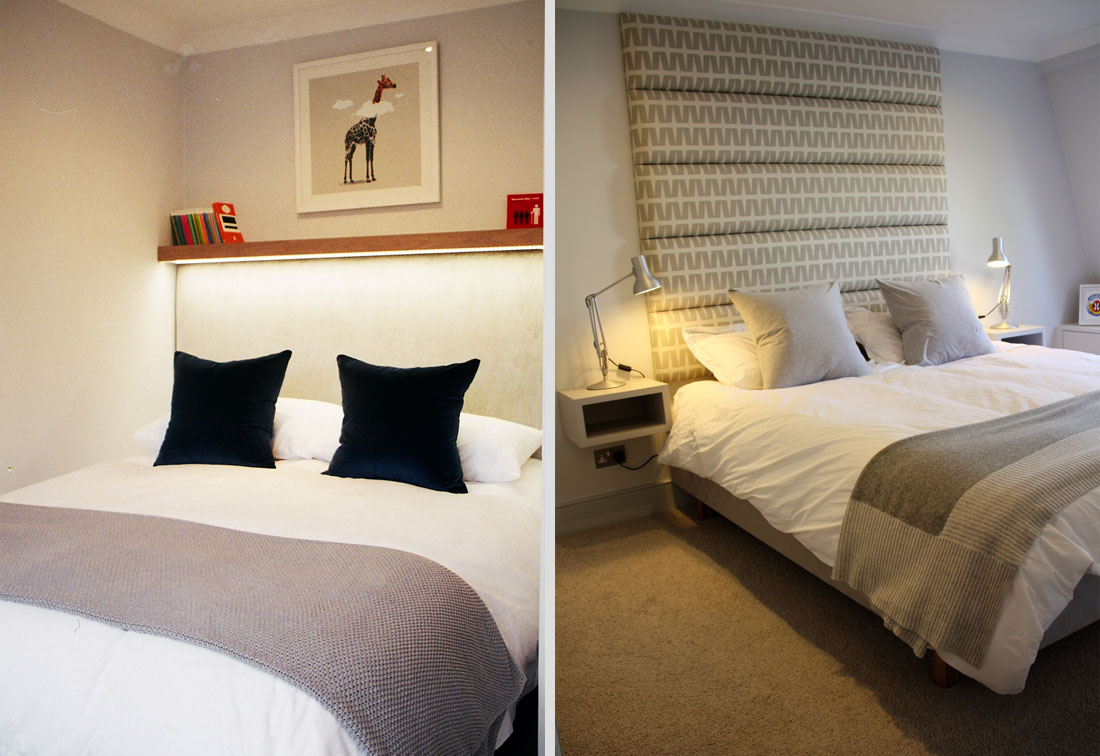 Two bedrooms with upholstered headboard and throws - interior design by Suzi Searle