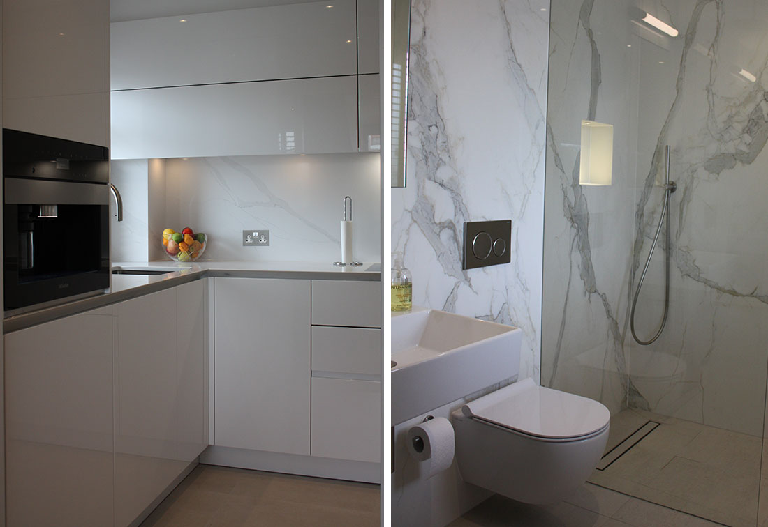 White marble bathroom and white kitchen interior design by the River Thames in London