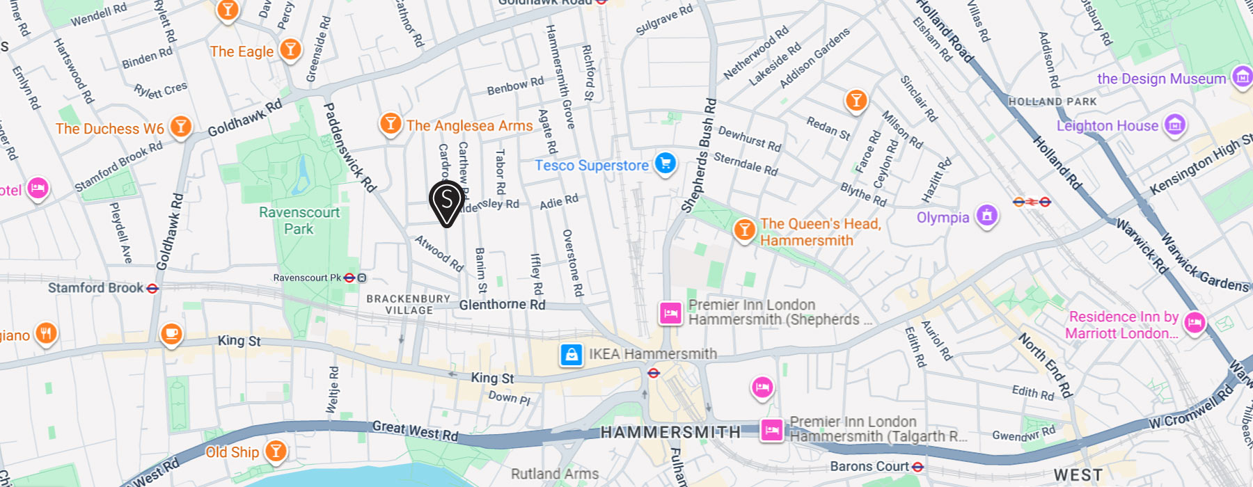 Static map of the location of Suzi Searle Interiors near Hammersmith, London.