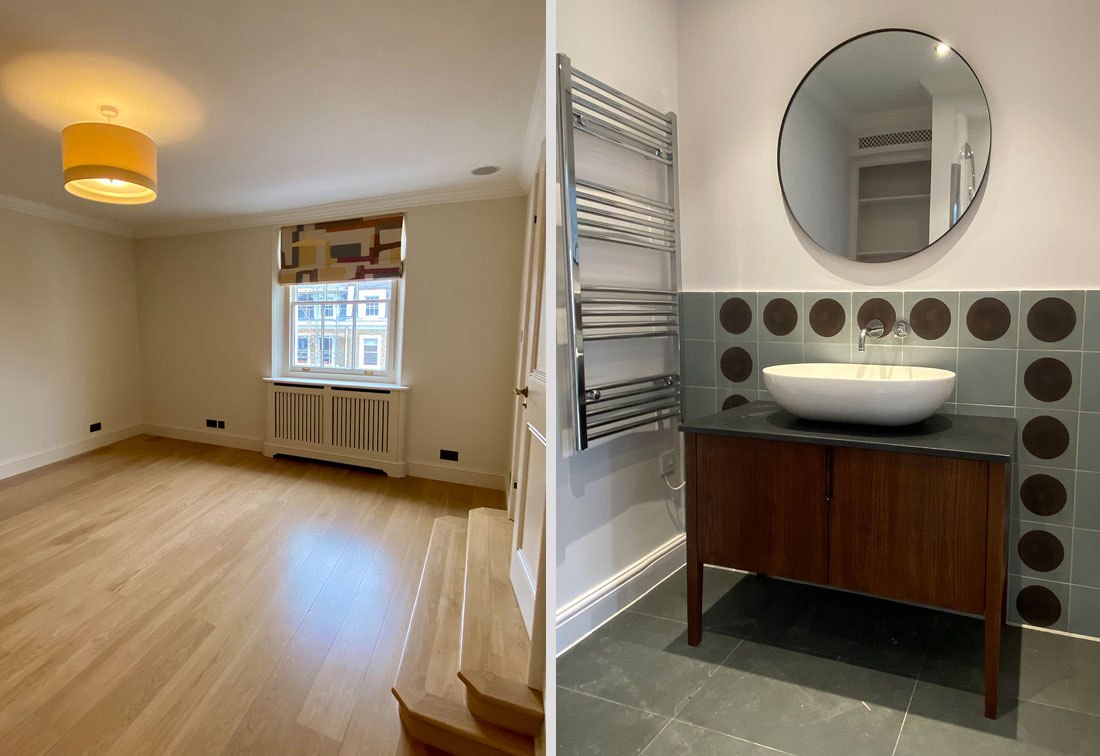 Kensington penthouse interior design showing wooden floors and colourful blinds and a bathroom basin with stunning tiled surround.