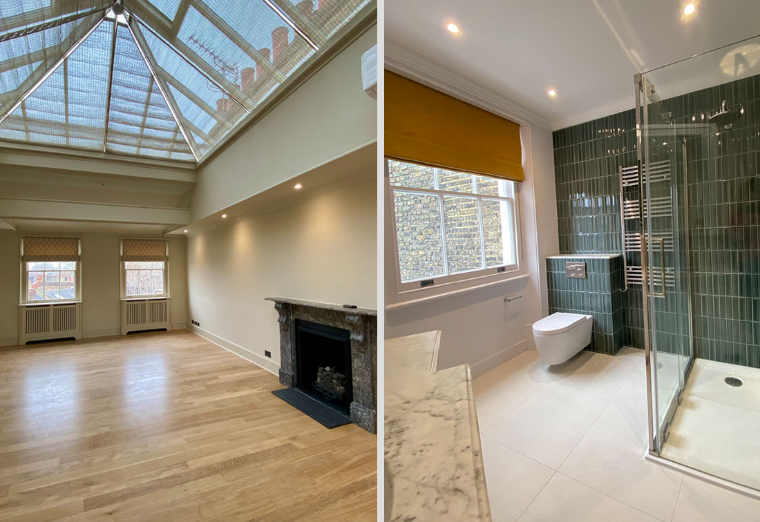 A split image showing two aspects of this Kensington penthouse: on one side is a room with marble fireplace and glass ceiling and on the other side is a bathroom with dark green tiles and orange blinds.
