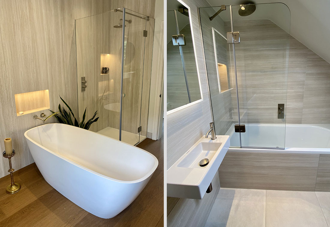 Two images of two different bathrooms in Wandsworth with luxury bathroom fittings and neutral walls.