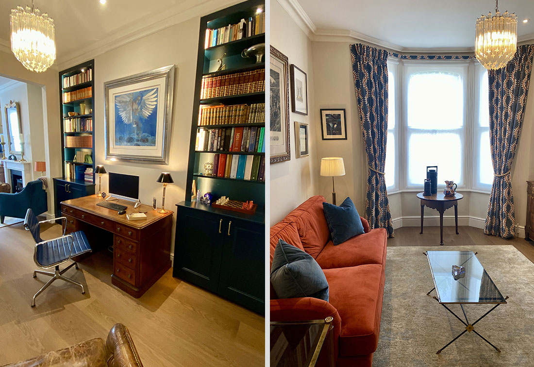 A split image with one side showing the interior design of the office in this Wandsworth home and the other side showing the red sofa and patterned curtains at the window.