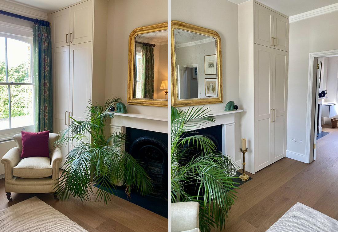 Two images of the master bedroom in Wandsworth with a wooden floor, original fireplace with gold mirror above and a large plant on the floor with green curtains at the windows.