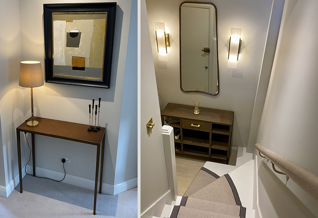 Two images of the hallway in Fulham with one showing the wooden console table with an abstract oil painting on the wall and the other showing the view from the top of the stairs and the vintage-looking mirror on the wall.