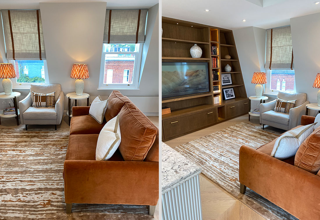 Two images of the living room in Fulham where the rust velvet sofa matches the patterned lampshades.