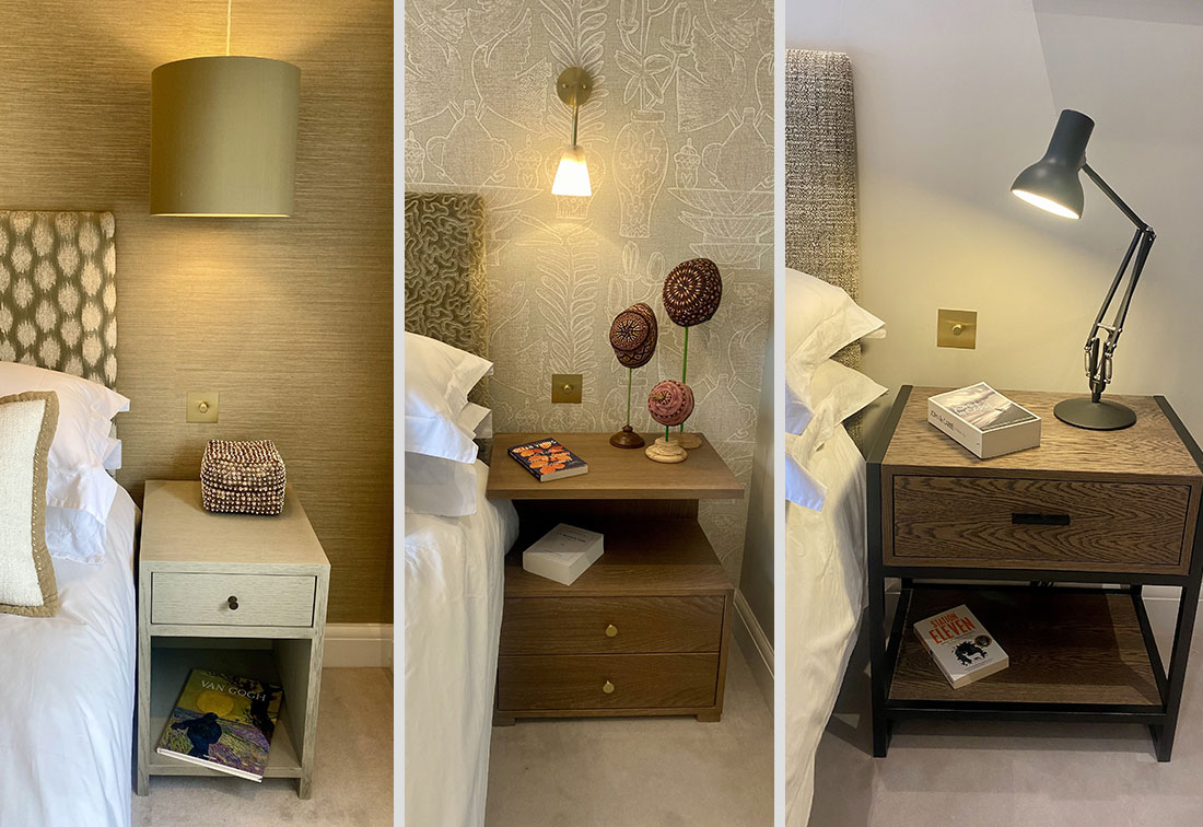 3 images in one showing the different bedside lamp treatments in this Fulham penthouse apartment.