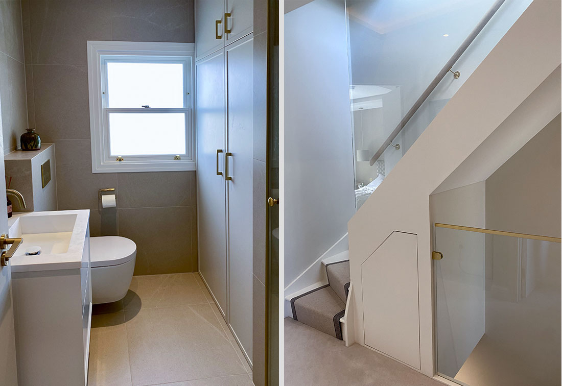 A split image with a neutral-toned tiled bathroom on the left and bespoke stairs on the right with glass barriers.